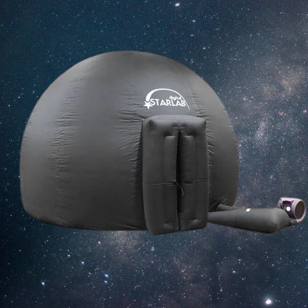 An inflatable planetarium with a space background.