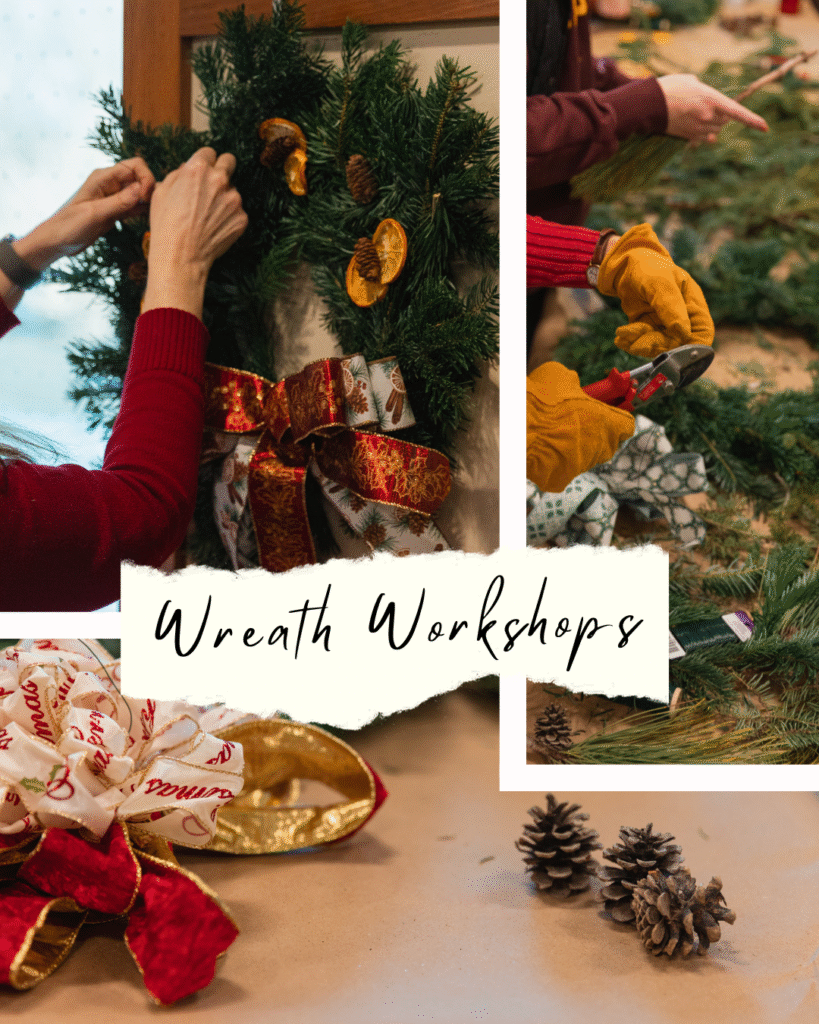 A woman's hands putting a natural pine wreath together, cutting materials, a bow, and pine cones.  