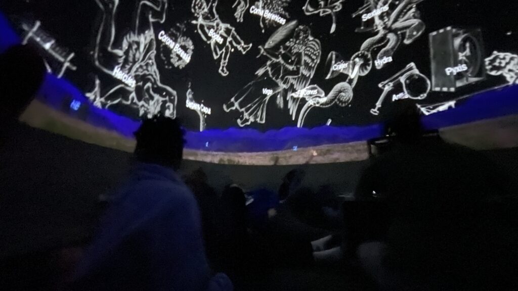 Projection of shapes of constellations on the dome of an inflatable planetarium