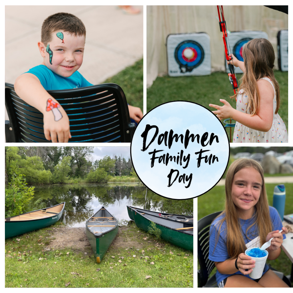 Four pictures. One picture is of a kid with a snake and mushroom face paint on. Another is of a girl shooting a bow at a target outside. The next is of three canoes sitting on land next to a pond. The last is of a girl smiling holding a blue slushie outside.