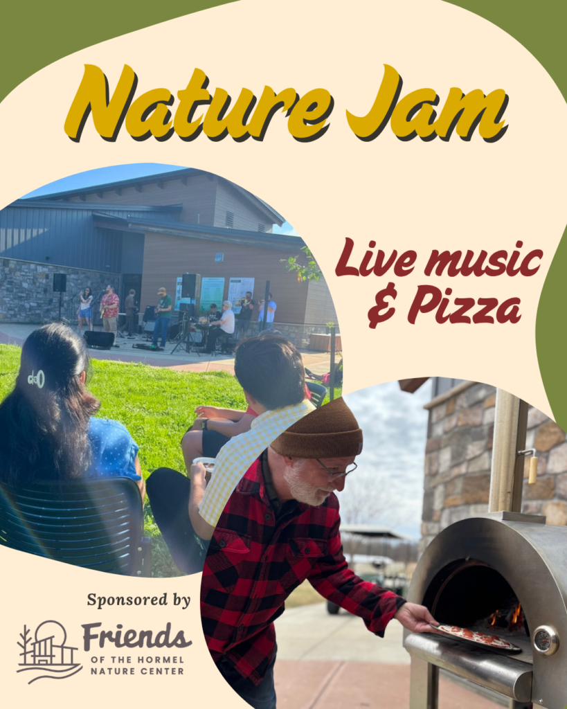Dammen Nature Jam Picture is a flier for Nature Jam. Two pictures. One picture shows people in lawn chairs outside looking at musicians preforming next to a building. The other picture shows a man putting a pizza inside a wood burning stove outside.